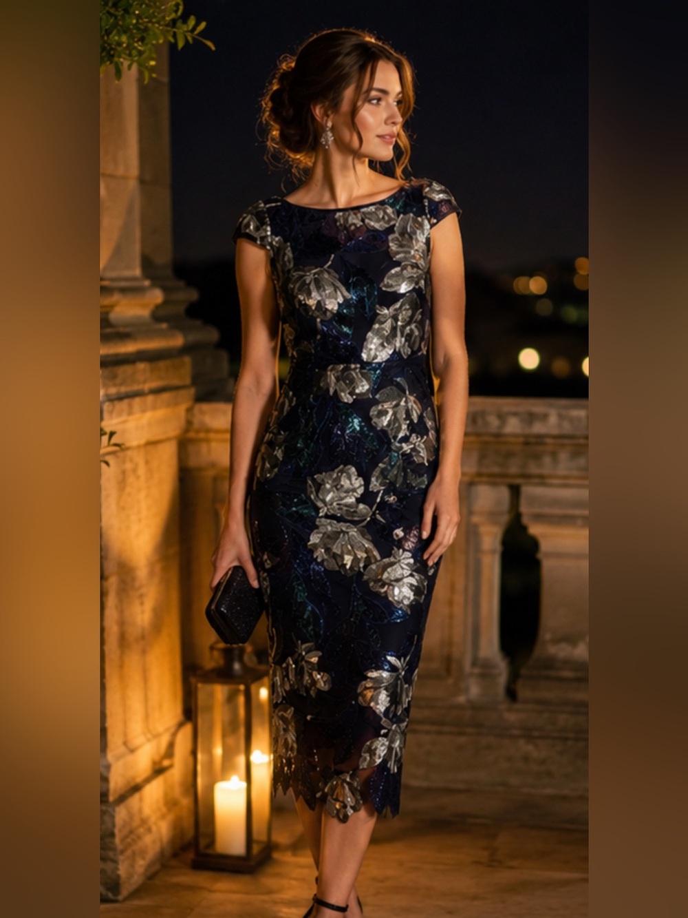 Marchesa Notte Sequin Illusion Midi Dress Navy Teal Silver Purple Flowers Sz 6